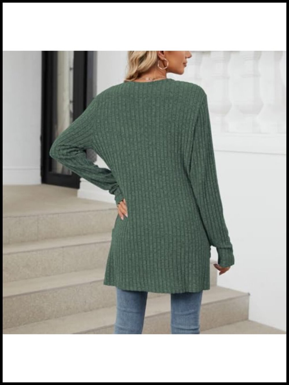 Oversized Open Front Ribbed Knit Cardigan with Pockets Long Sleeve - Picture 3 of 3